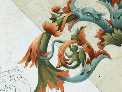 motif de dragon, peinture à la caséine avec ou sans patine